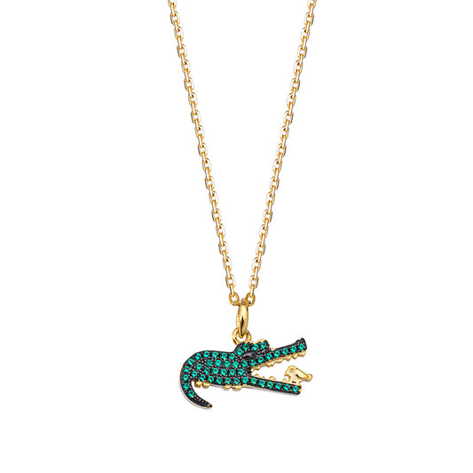 Green Zircon Crocodile Pendant Silver Necklace