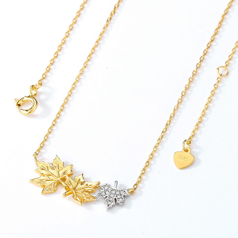 Two Tone Maple Leaf Pendant Zircon Sterling Silver Necklace