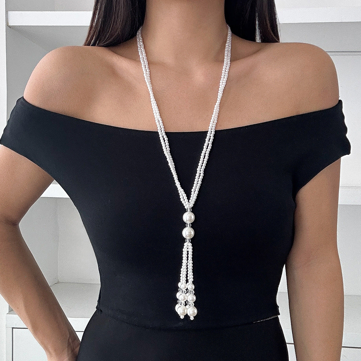 Layered Pearl & Crystal-Style Tassel Long Necklace