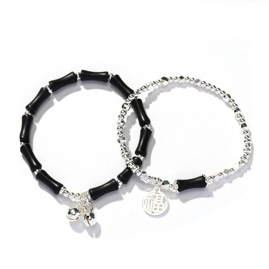Layered Bamboo Crystal Bracelet with Natural Black Stone for Girls
