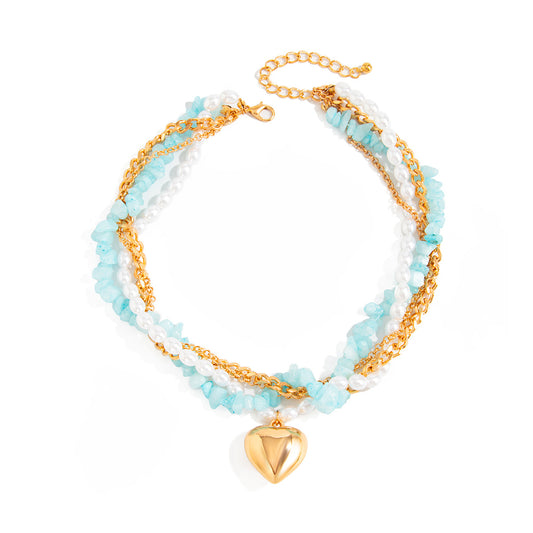 Blue Stone Pearl Heart Wrap Necklace