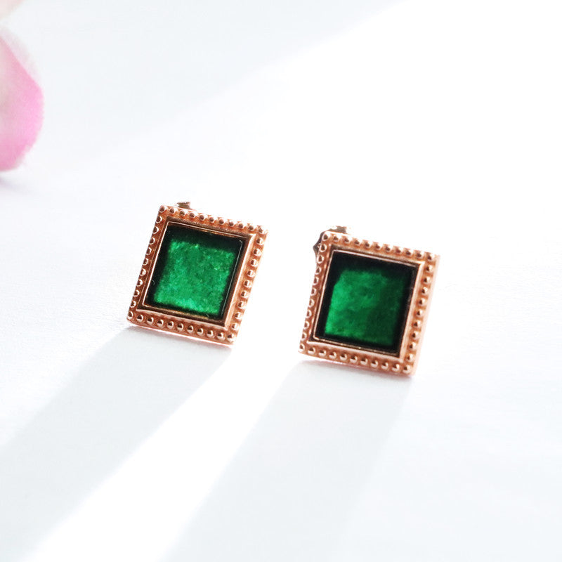 Dark Jadeite Square Rose-Gold-Tone Stud Earrings