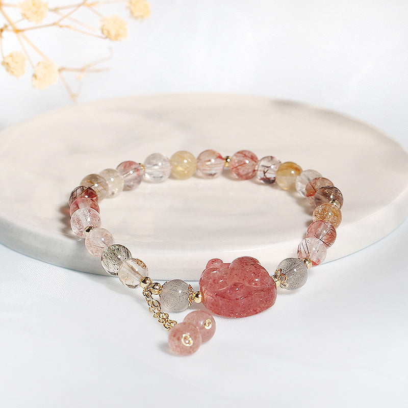Strawberry Crystal Tassel Bracelet with Cat Claw Design