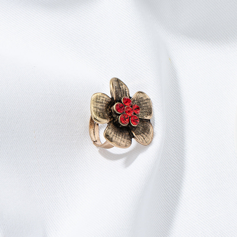 Vintage Zircon Flower Ring with Handmade Cross-border Charm