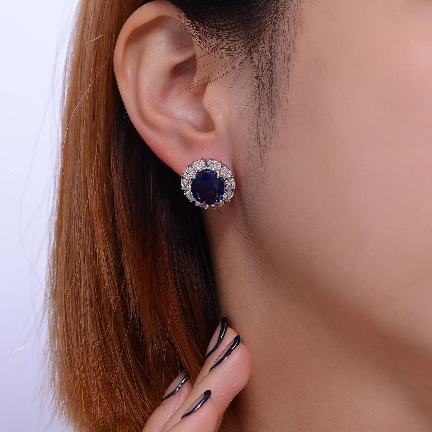 Flower Halo Oval Lab Created Sapphire Silver Earrings