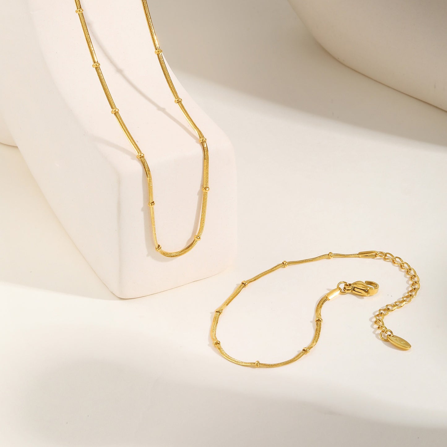 Gold Necklace – Stainless Steel Flat Snake Chain – Bead Bracelet