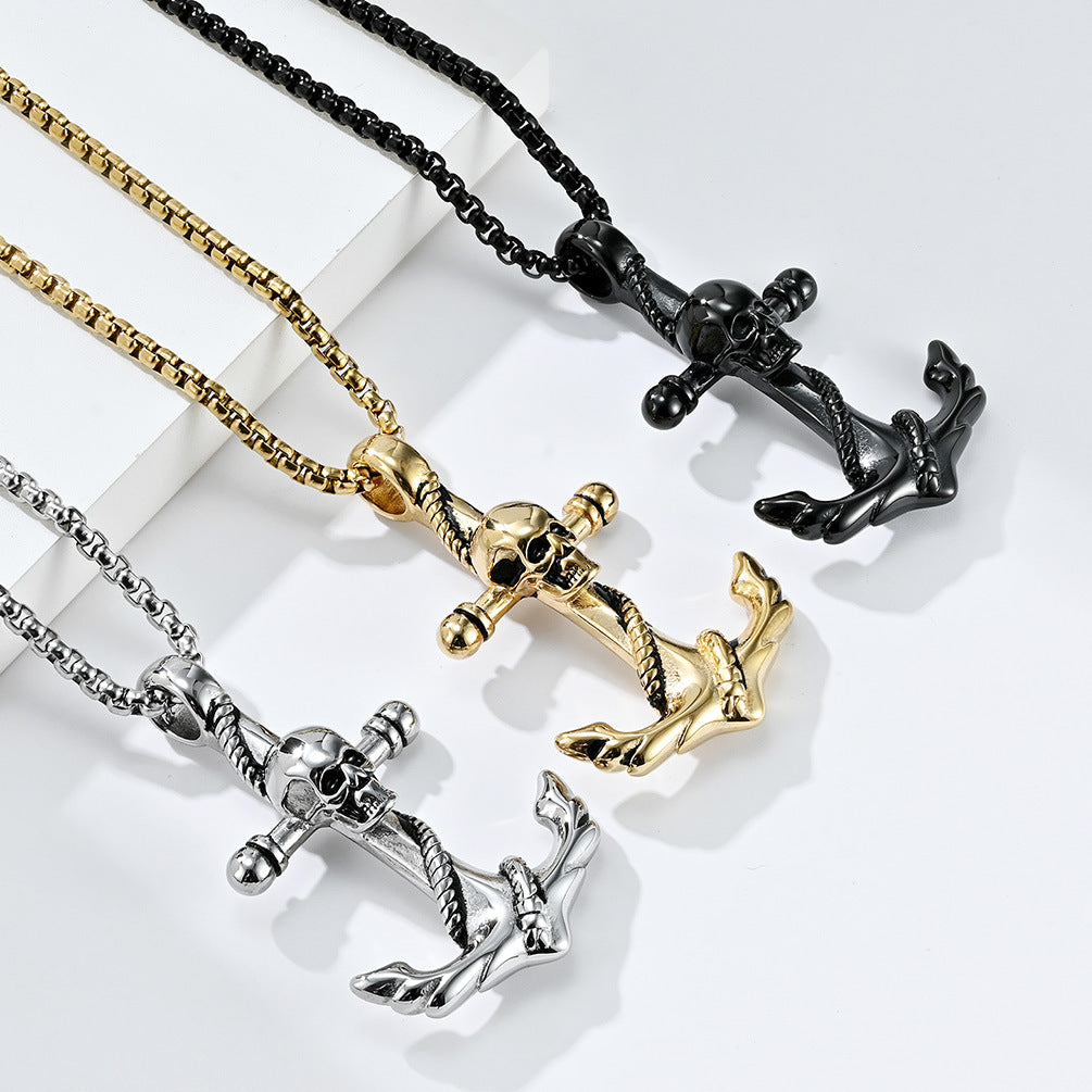 Stainless Steel Skull Head Anchor Necklace for Men Wholesale