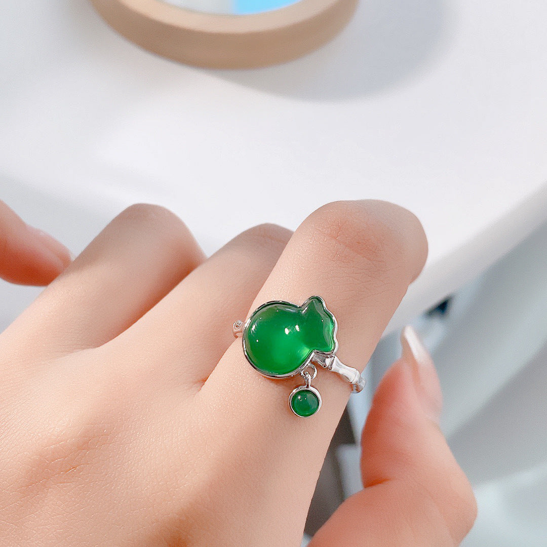 S925 Sterling Silver Natural Chalcedony Lucky Bag Ring — Adjustable