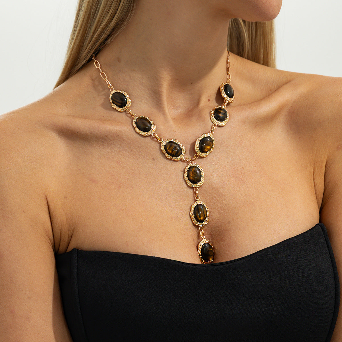 Tiger-Eye-Style Pleated Y-Necklace
