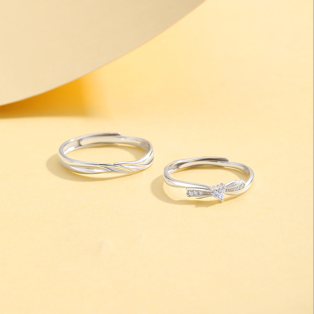 Planderful S925 Sterling Silver Sparkling Zircon Love Bow Couple Ring – Korean Niche Design Gift for Girlfriend