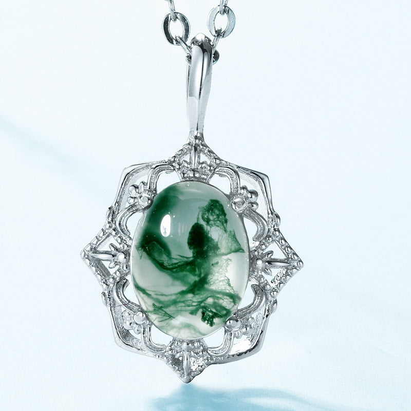 S925 Sterling Silver Moss Agate Pendant Necklace