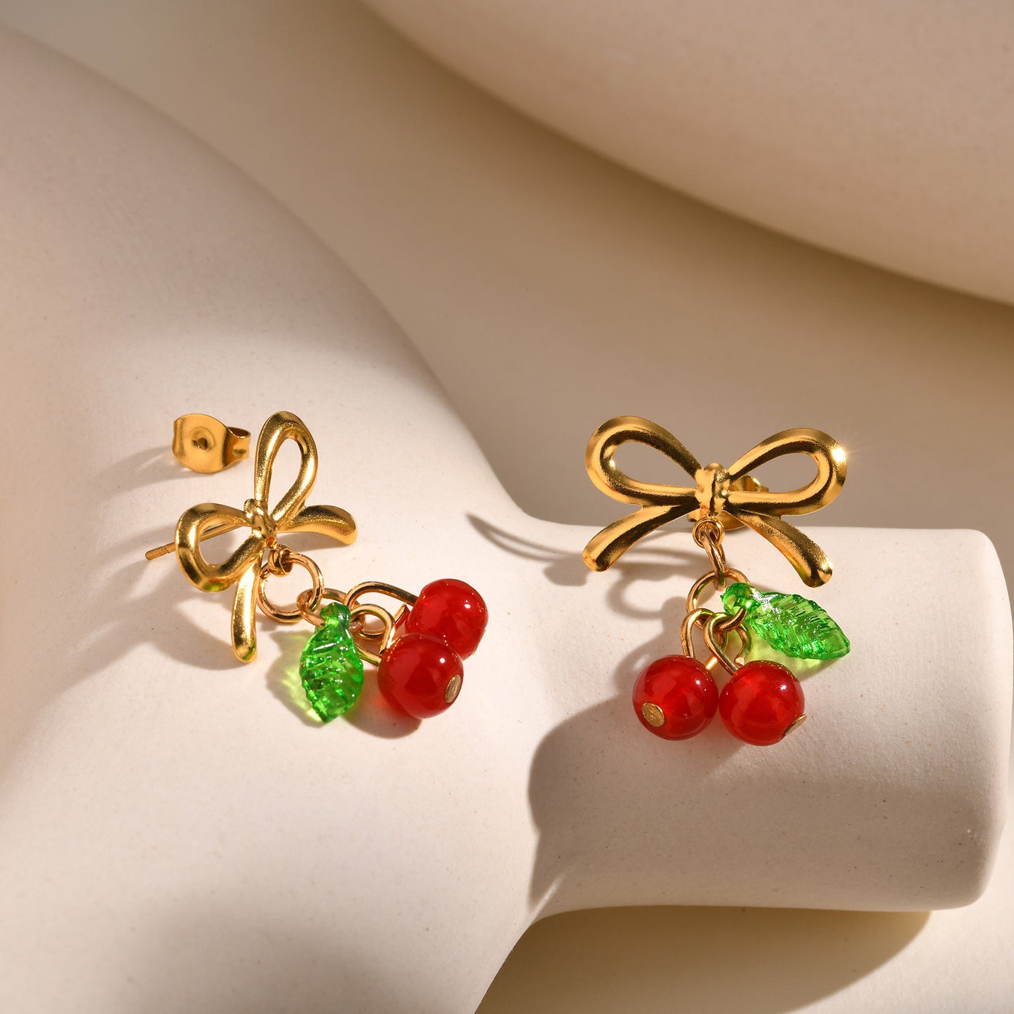 Europe America Stainless Steel Bow Red Cherry Gold Earrings