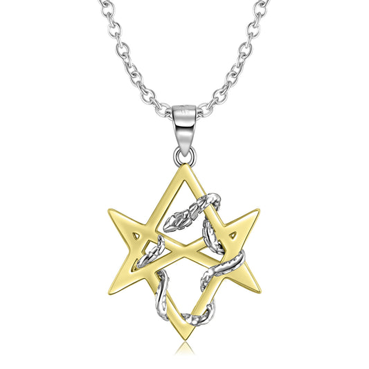 Golden Hexagonal Star with Entangled Snake Silver Necklace