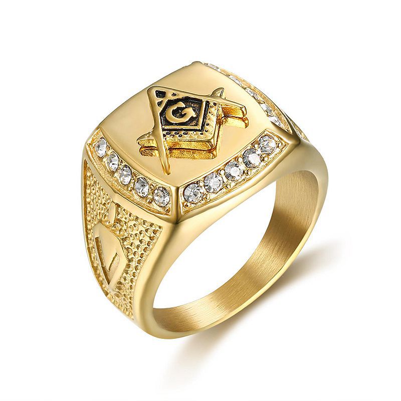 Planderful Masonic Ring For Men Vintage European American Style Gold Plated Titanium Steel Rhinestone