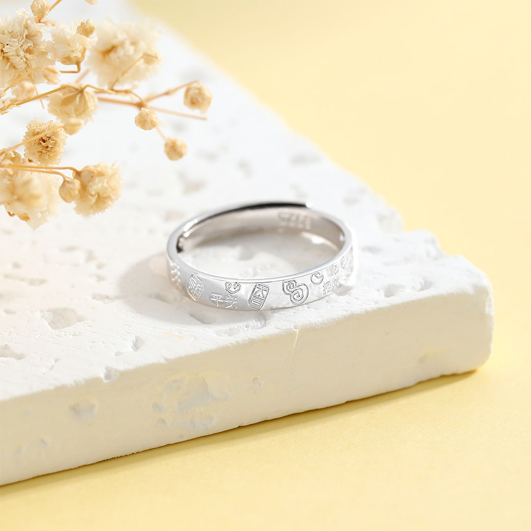 Planderful S925 Sterling Silver Ring For Women Open Circle Tail Adjustable Chinese Fulu Blessing Fortune Jewelry