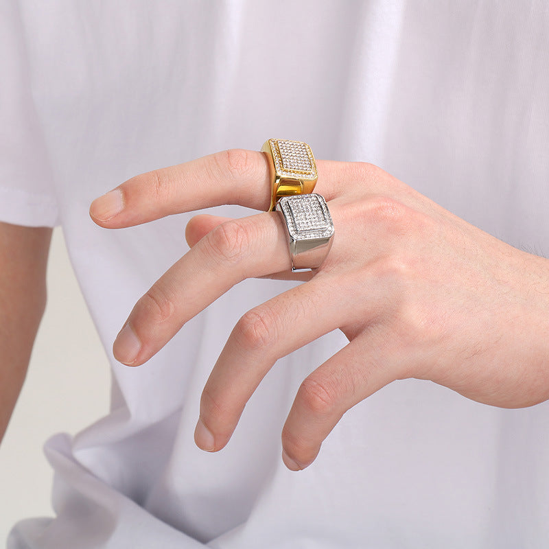 Hip-Hop Square Ring, Luxury Vacuum Plating Full Of Zircon Titanium Steel Men's Ring
