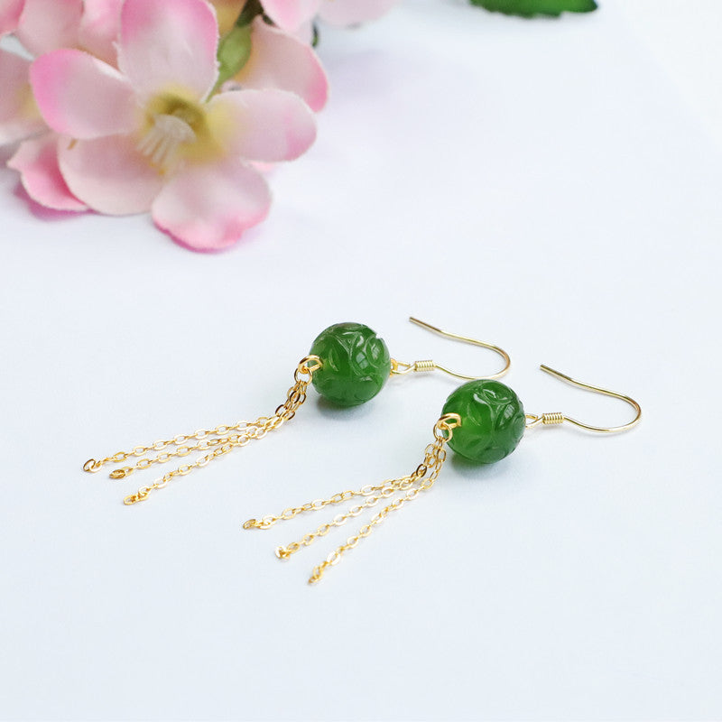 Auspicious Cloudscape Sterling Silver Jade Earrings with Green Tassel