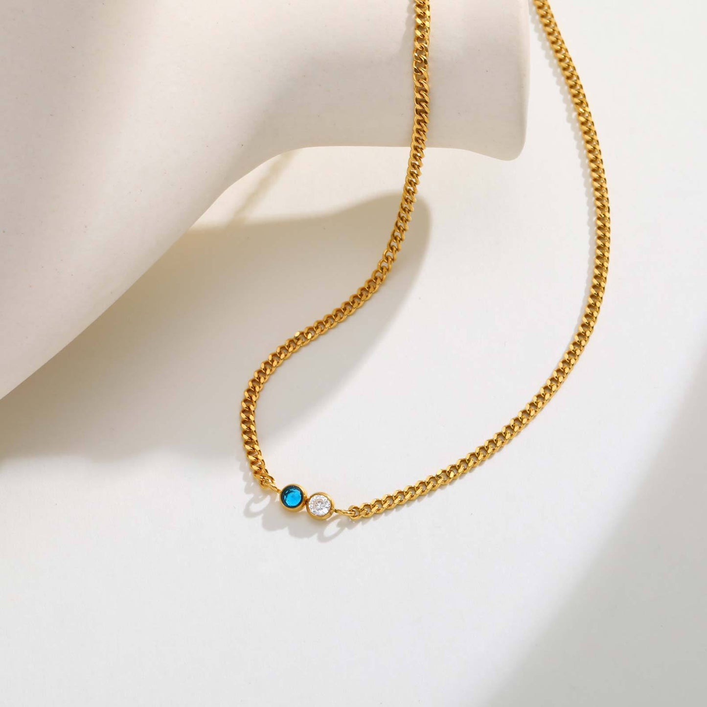Stainless Steel European – American Cuban Chain Stylish White Blue Zircon Colored Necklace