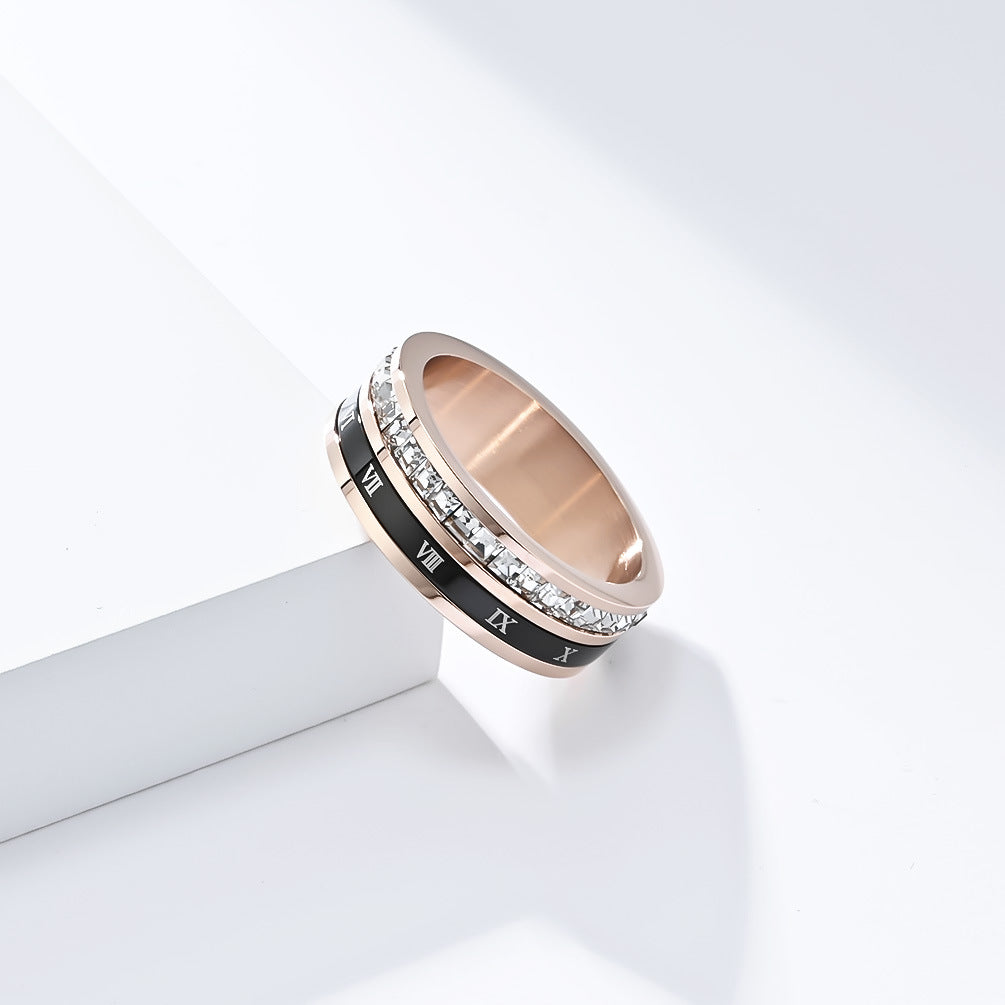 Light Luxury Full Square Zircon Roman Numerals Titanium Steel Ring