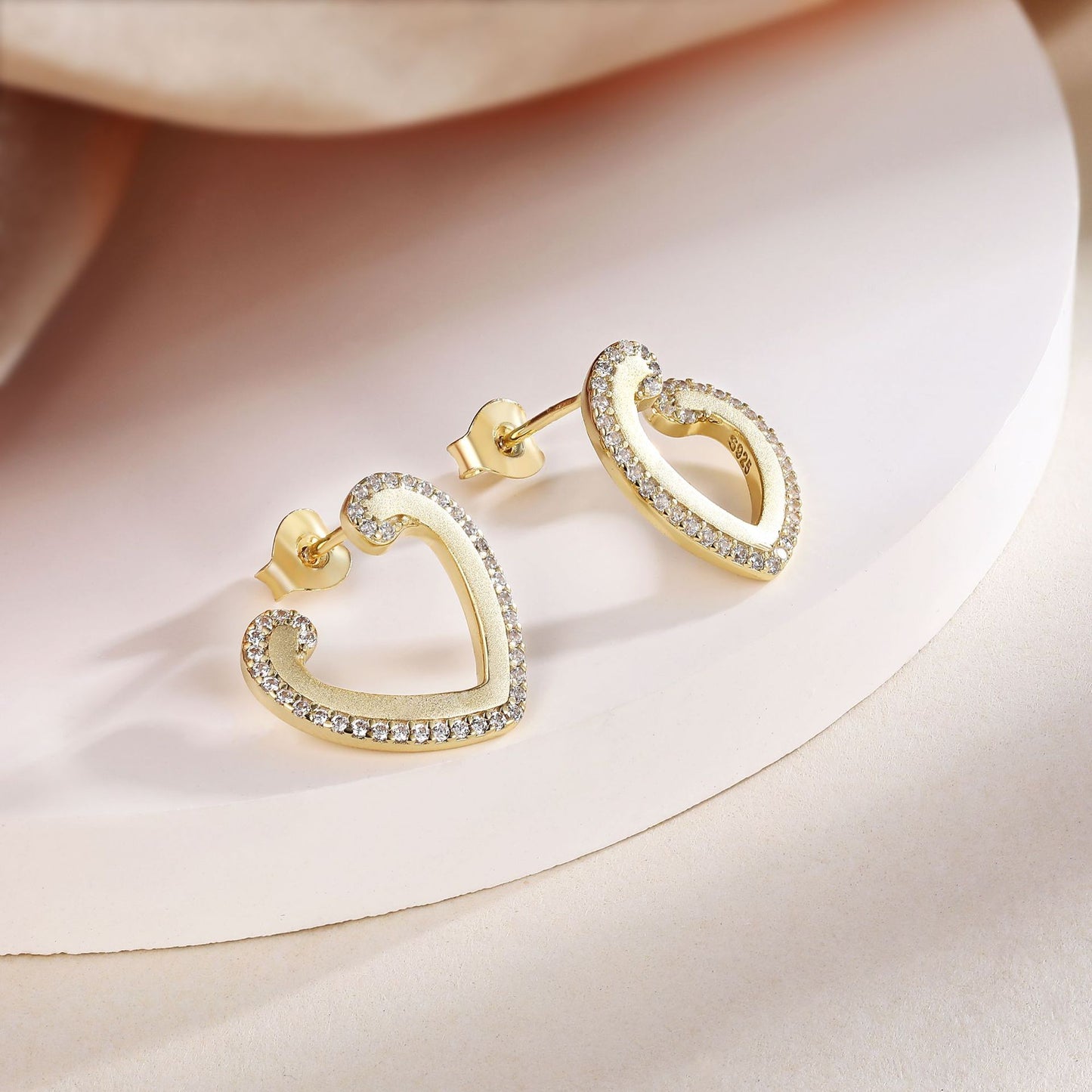 Golden Sandblasting Zircon Hollow Heart Shaped Sterling Silver Stud Earrings