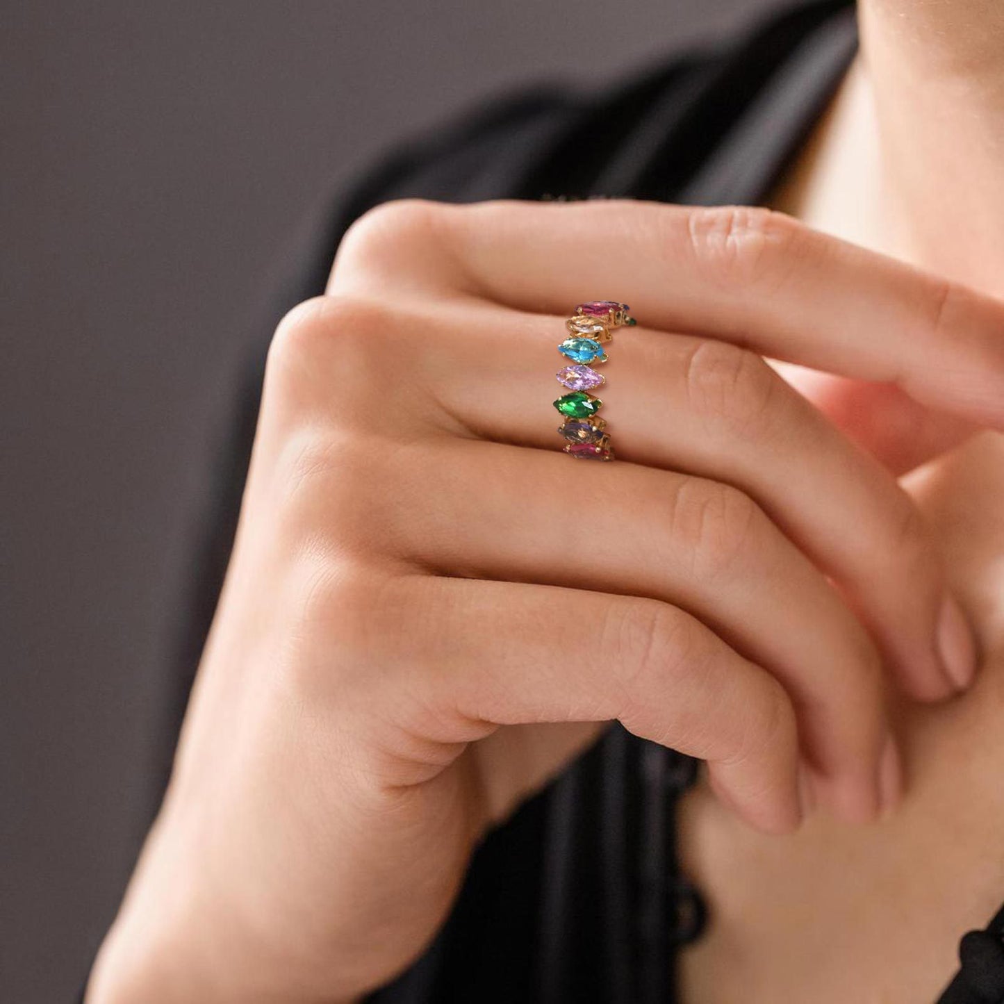 Stainless Steel Dream Girl Color Horse Eye Zircon Ring