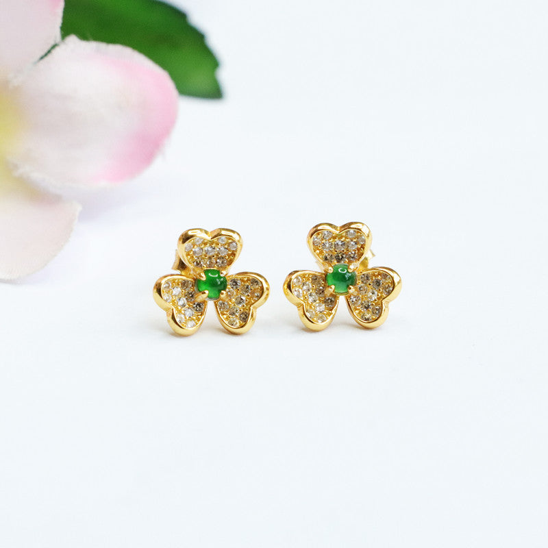 Icy Green Jadeite Clover 925 Silver Stud Earrings