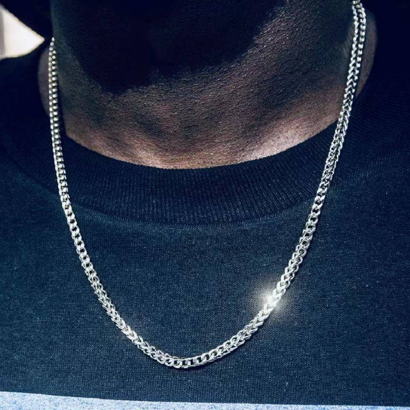 Planderful Jewelry Stainless Steel Mens Necklace 3mm Front Back Grind Hip Hop 18K Gold Plated