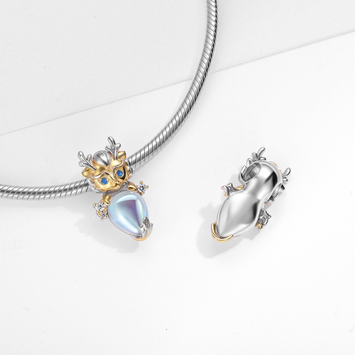 Planderful Jewelry Moonstone Dragon Beaded Bracelet In Sterling Silver With 14K Gold Inlays For Elegant Everyday Wear