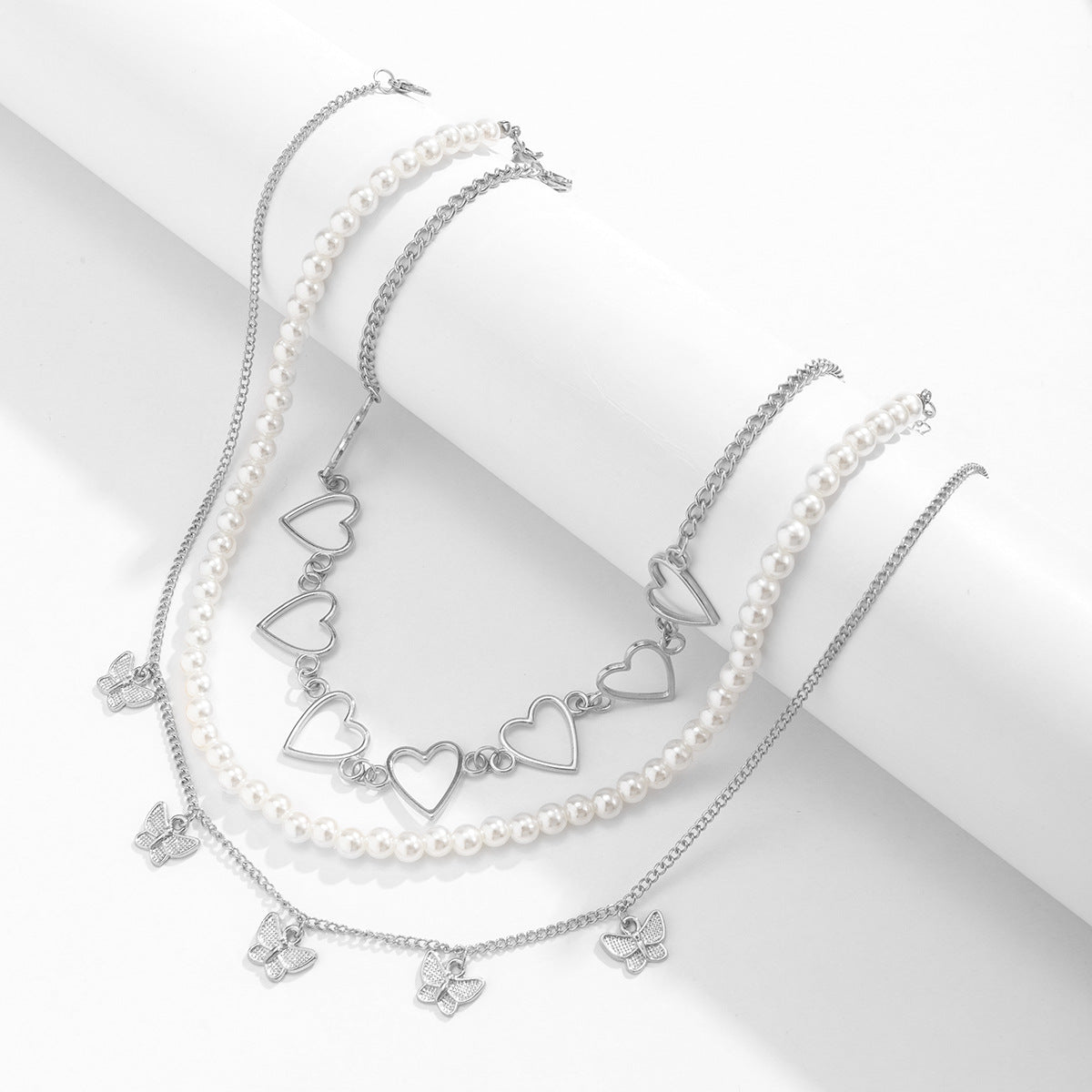 Planderful Peach Heart Hollow Necklace Multi Layered Imitation Pearl Butterfly Statement Jewelry For Women