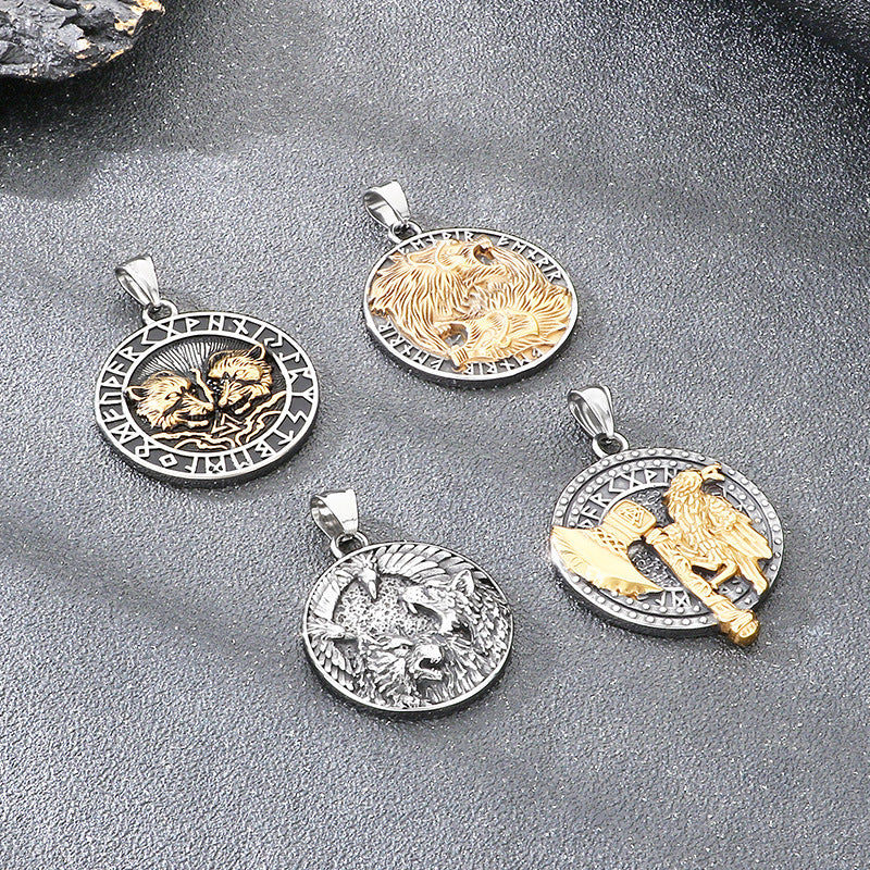 Nordic Viking Mythology Tomahawk Raven Totem, Retro Double Wolf And Crow Titanium Necklace