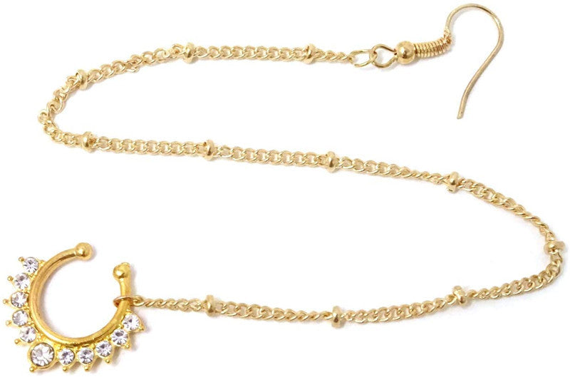 Sparkling Rhinestone Non-Piercing Nose Ring with Chain and Ear Support - Vienna Verve Collection