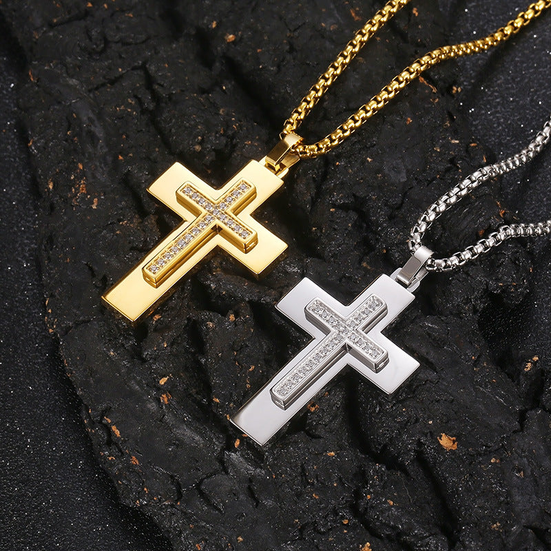 Popular, Cnc Zircon Double-Layer Cross Square Pearl Men's Stainless Steel Necklace