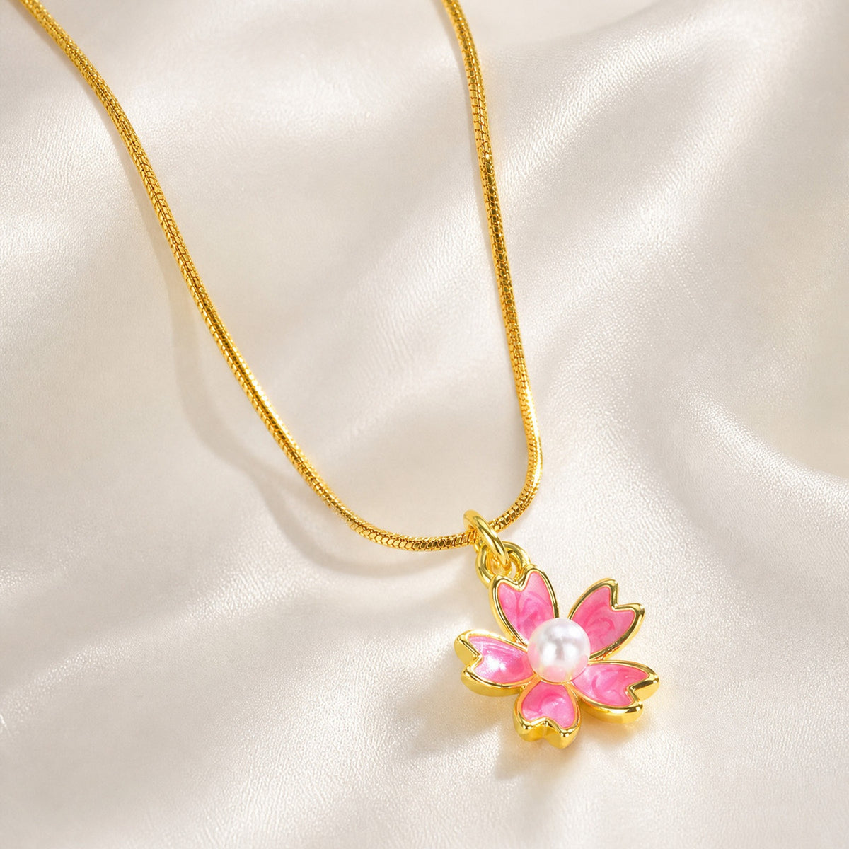 Ladies Pink Oil Drop Flower Imitation Pearl Pendant Necklace – Copper Sweet Flower