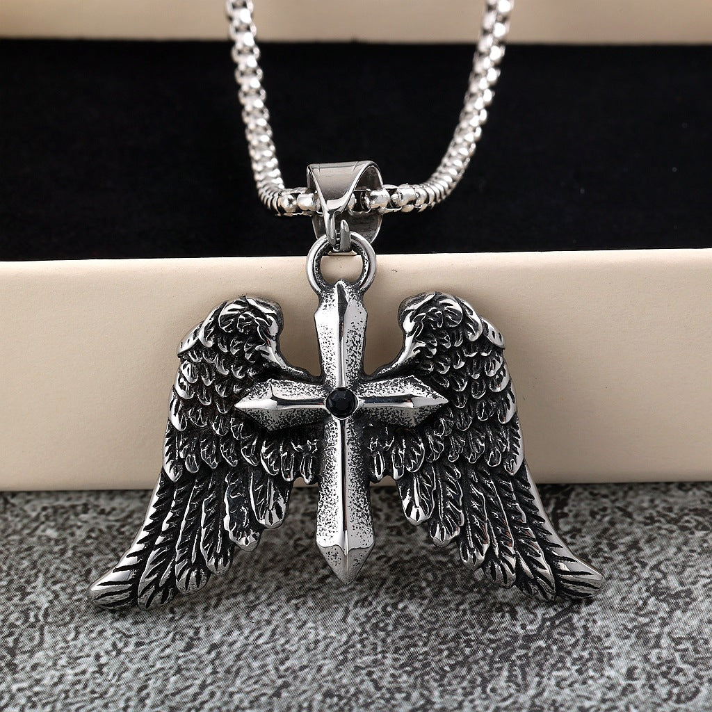 Vintage Cross Wing Stainless Steel Pendant Necklace