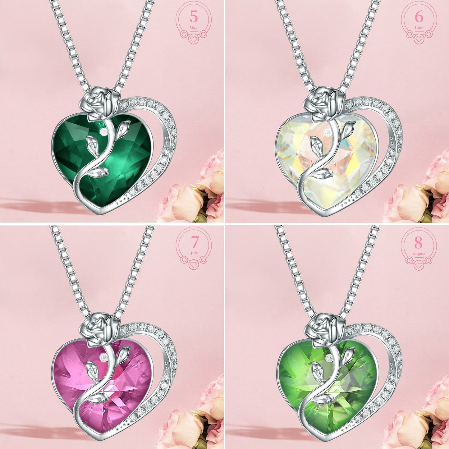 S925 Sterling Silver Rose Love Necklace with Crystal Pendant