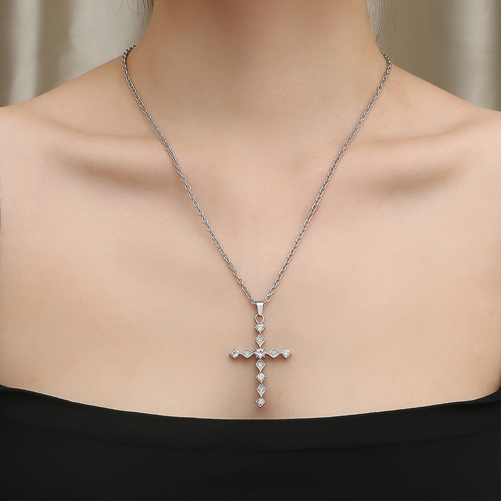 Cross-Border Amazon Light Luxury Zircon Titanium Steel Cross Necklace