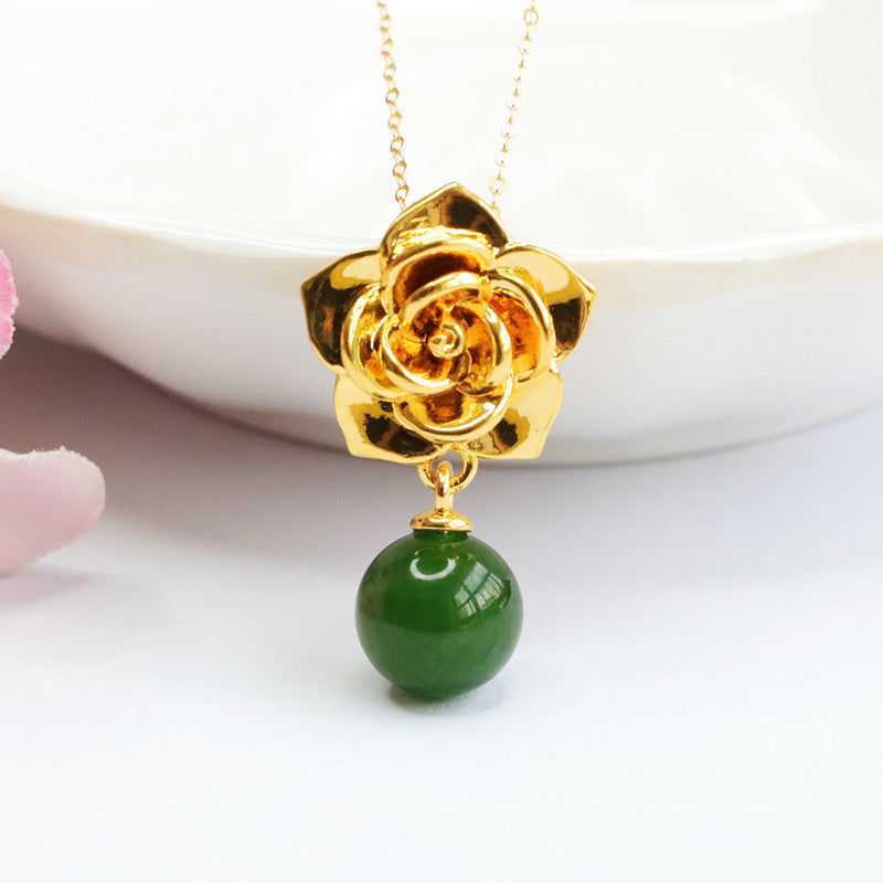 Hetian Jade and Jasper Rose Necklace with Sterling Silver Pendant