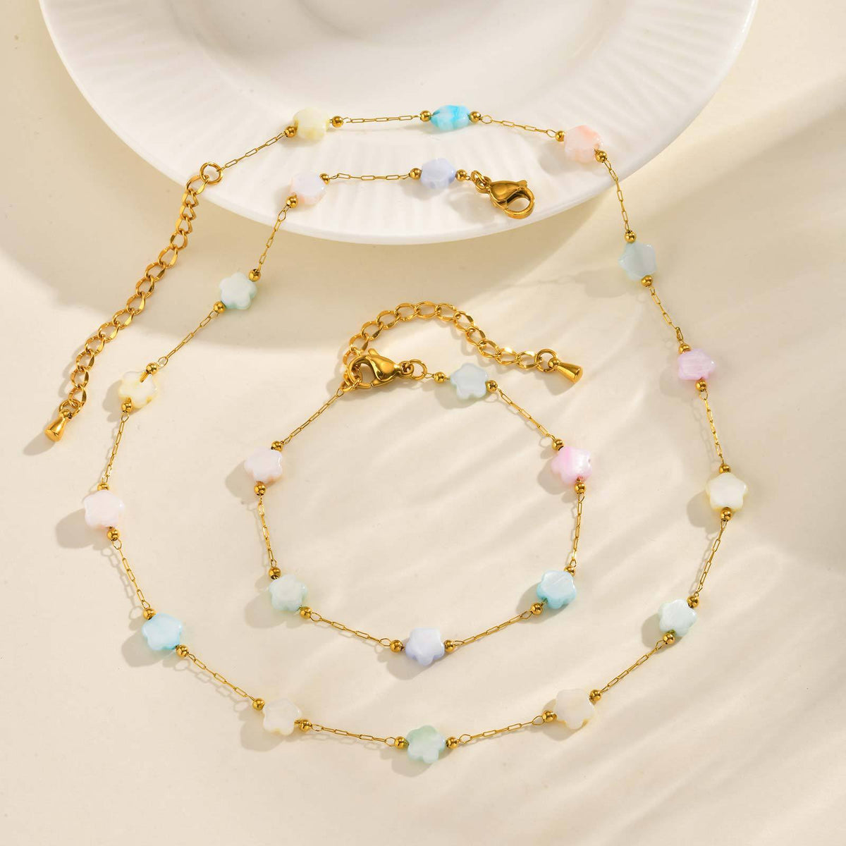 Girls Sweet Stainless Steel Shell Small Fresh Color Flower Bracelet Necklace Birthday Gift
