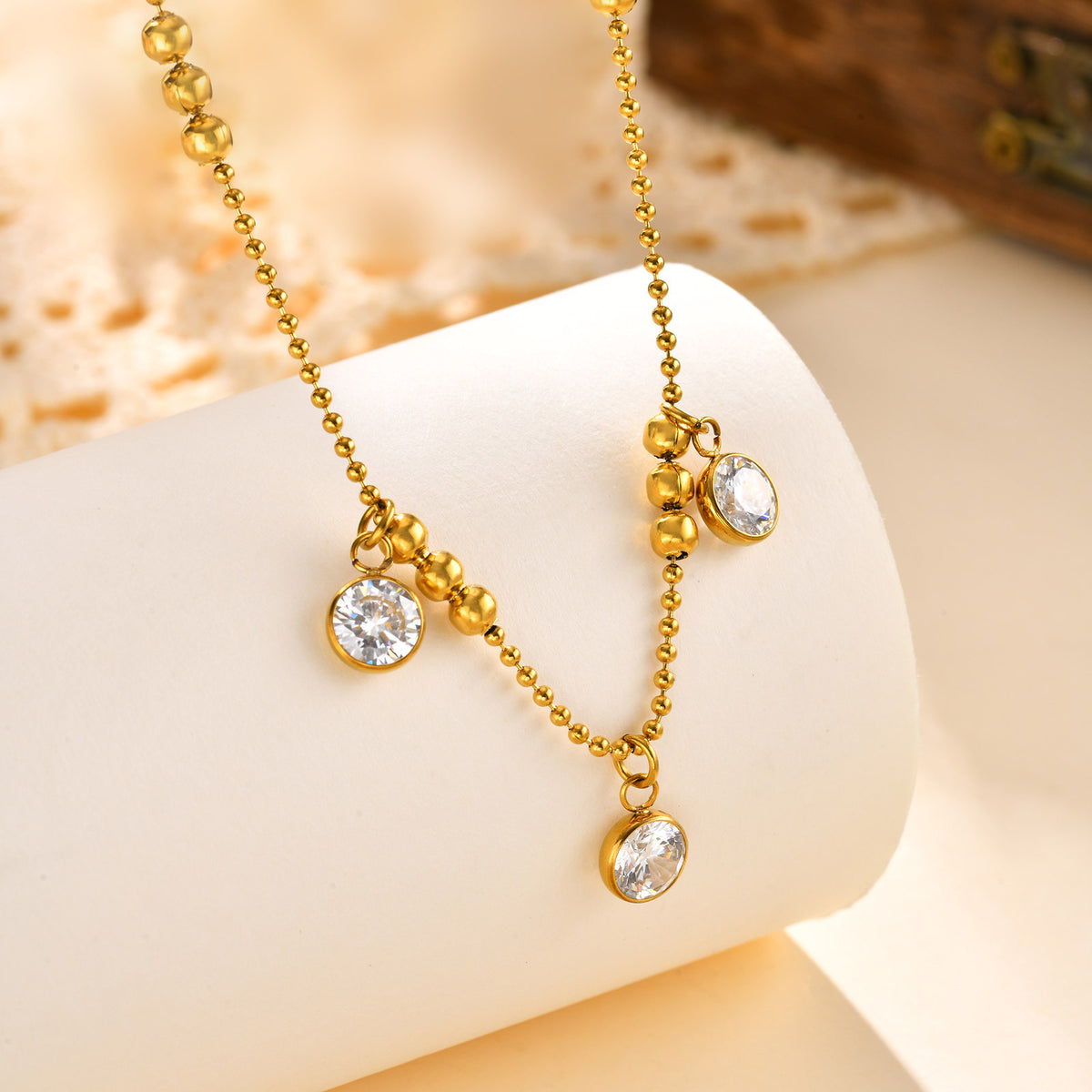 Wind Lady Collarbone Chain – Stainless Steel Bead Chain 3 Zircon Necklace