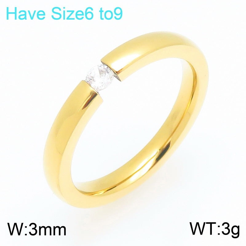 Zircon Ring Korean Vacuum Plating 3mm Round Stainless Steel Ladies Zircon Ring