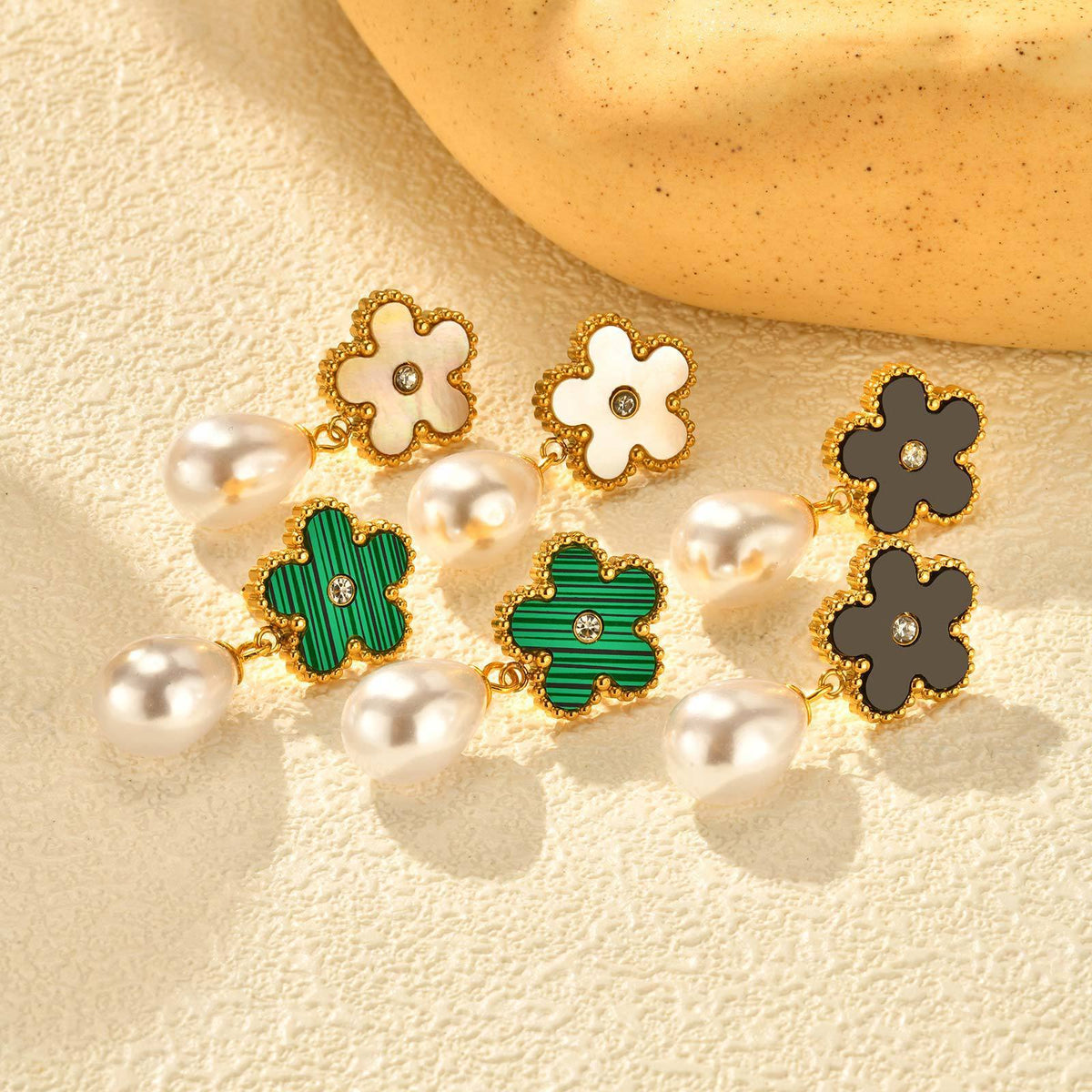 Stainless Steel Zircon Pearl Floral Earrings