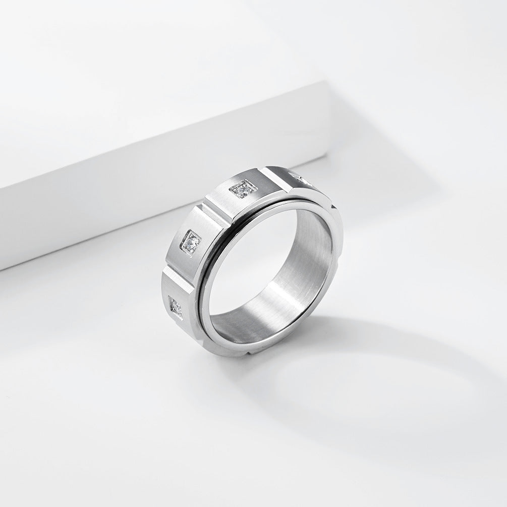 Planderful Titanium Steel Inlaid Zircon Rotating Ring For Men Geometric Matte High End Jewelry