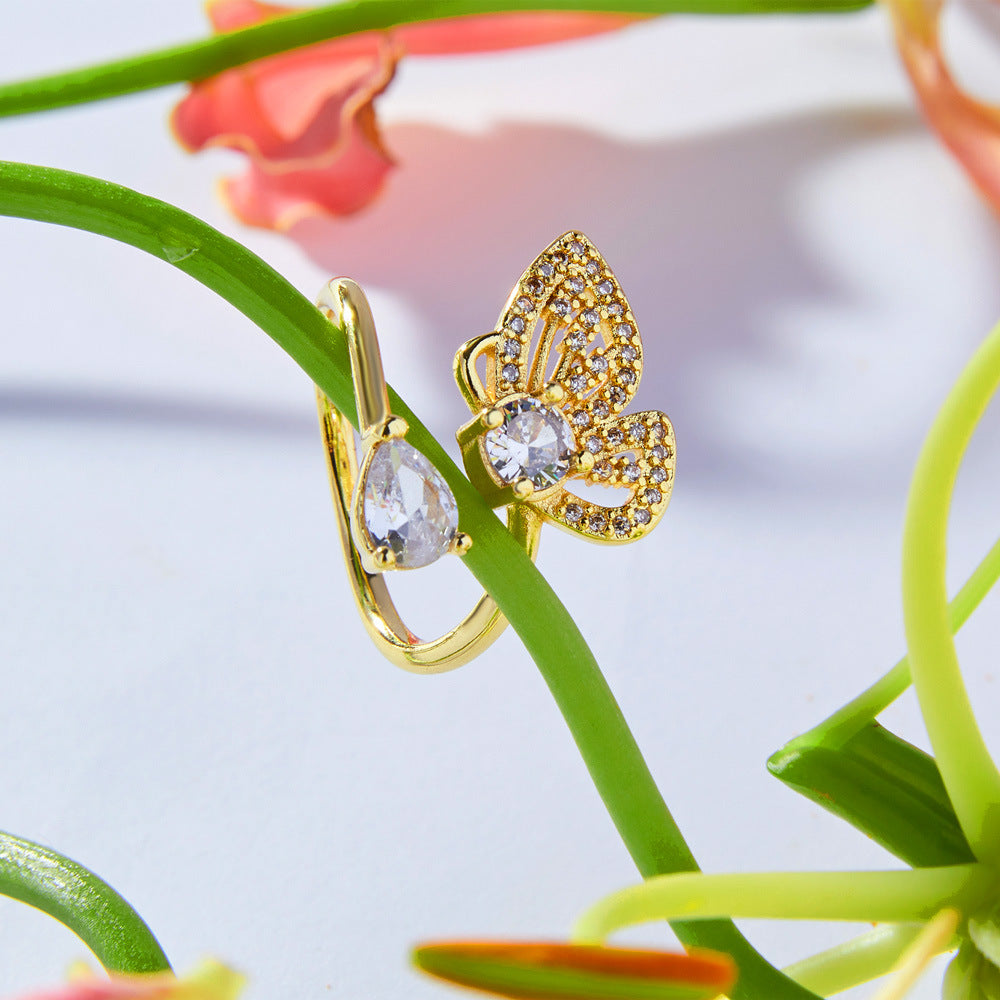Butterfly Charm Copper Ring with Zircon Accent