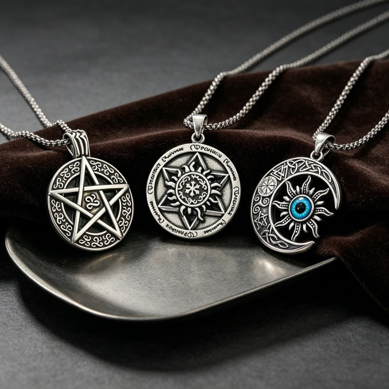 Punk Devil'S Eye Sun And Moon Pendant Viking Celtic Knot Pentagram Round Brand Necklace
