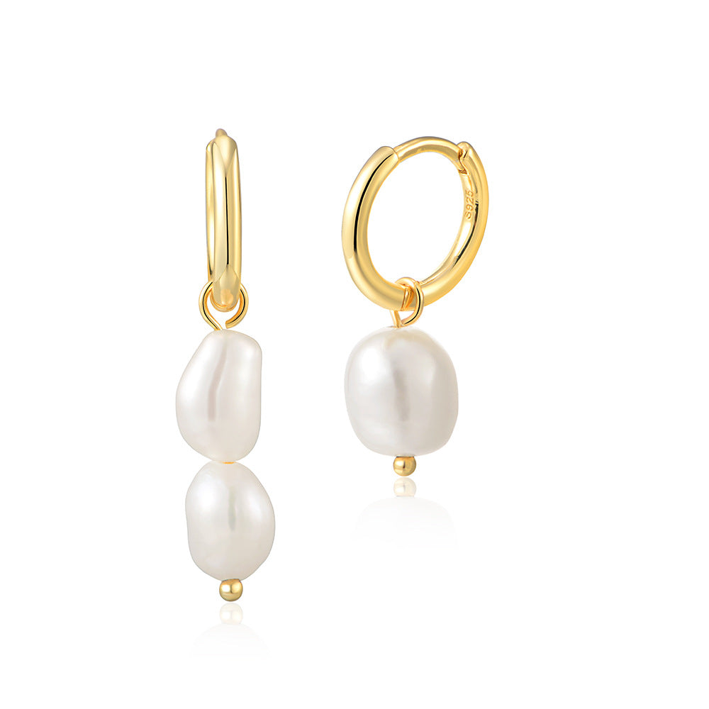 S925 Sterling Silver Natural Freshwater Baroque Pearl Asymmetrical Earrings Versatile Earrings Jewelry