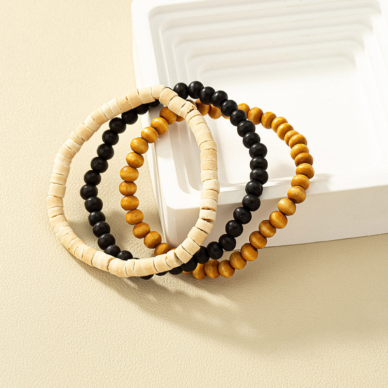 Boho Chic Wooden Bead Bracelet Set with Customizable Elastic, Minimalist and Stylish Arm Candy Trio for Niche Market