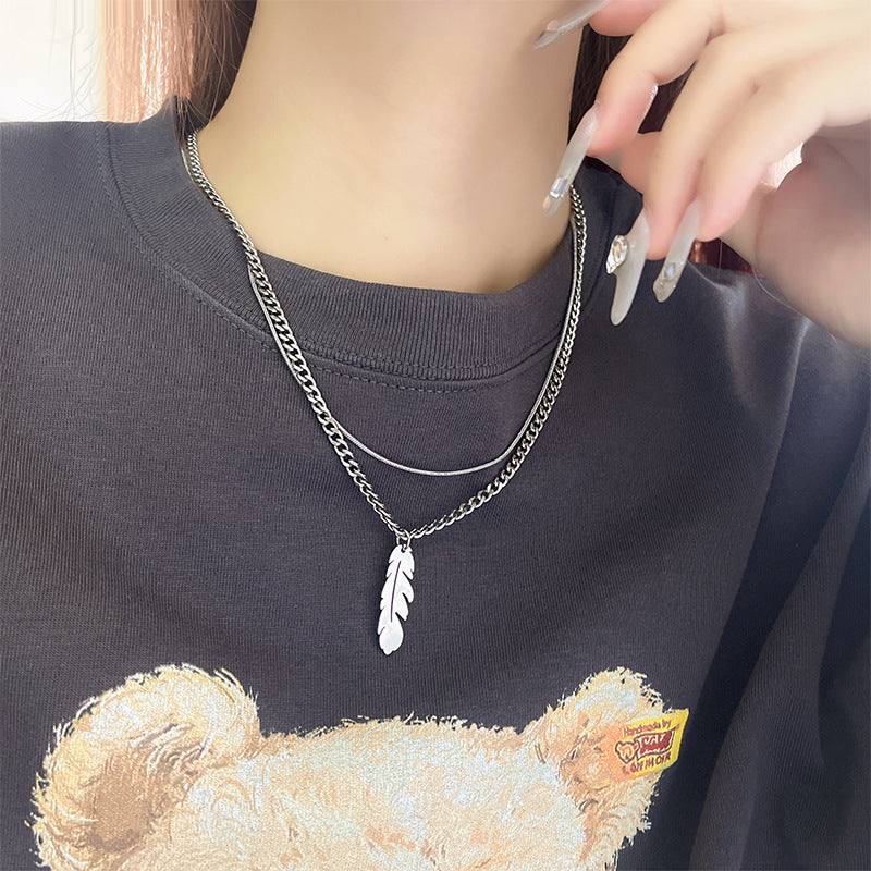 Planderful Jewelry Titanium Steel Double Layer Snake Chain Feather Necklace Clavicle Pendant
