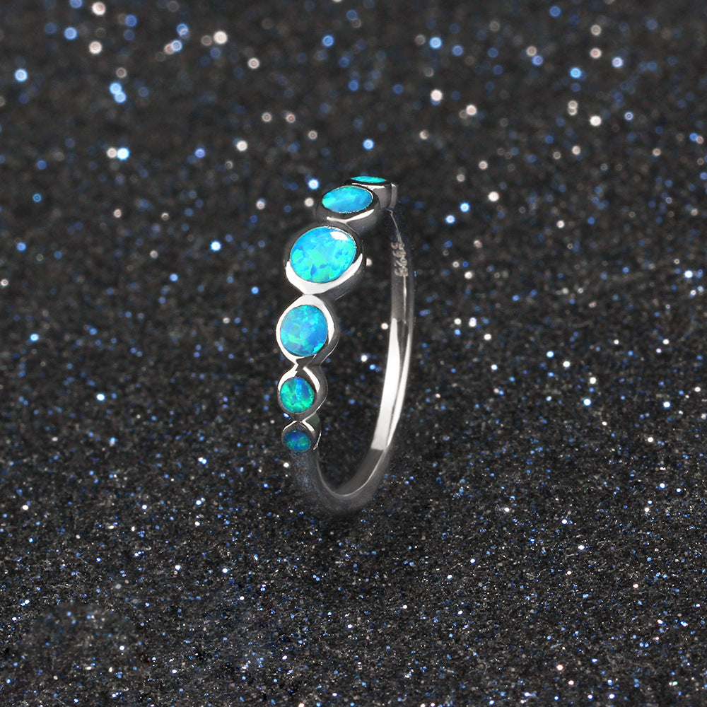 Planderful Jewelry Sterling Silver Opal Ring Blue Opal Seven Stone European Fashion