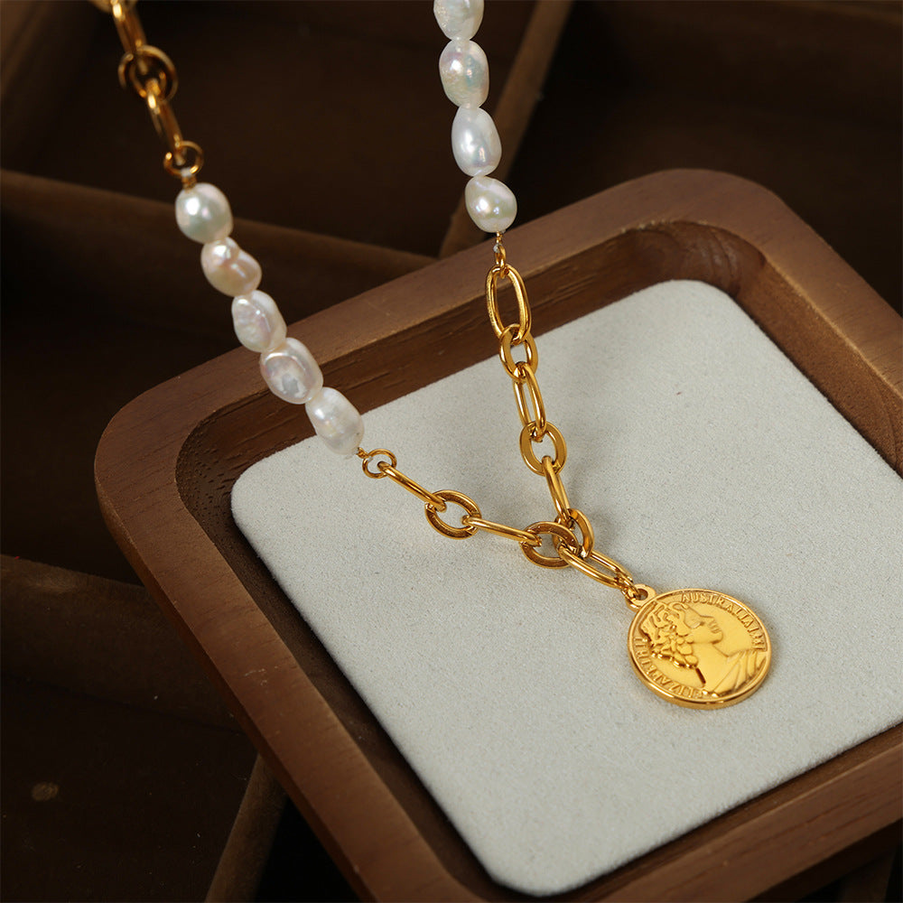 Elegant Gold-Plated Pearl Necklace with Titanium Steel Pendant