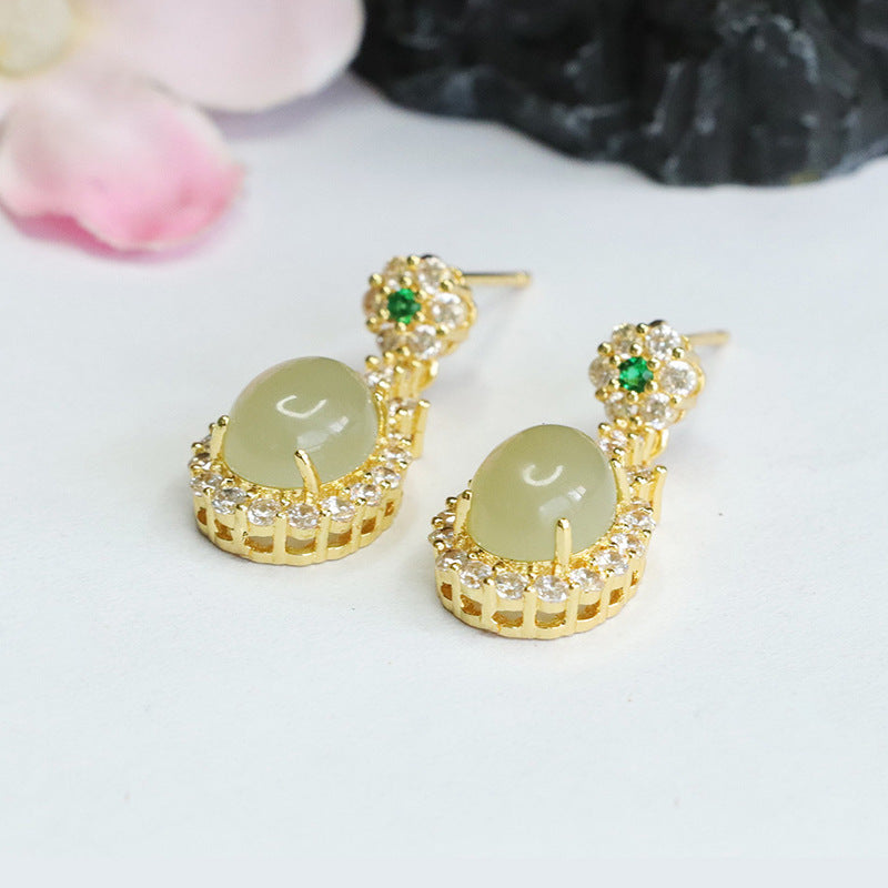 Natural Hotan Jade Earrings Oval Jade Zircon Earrings Jewelry